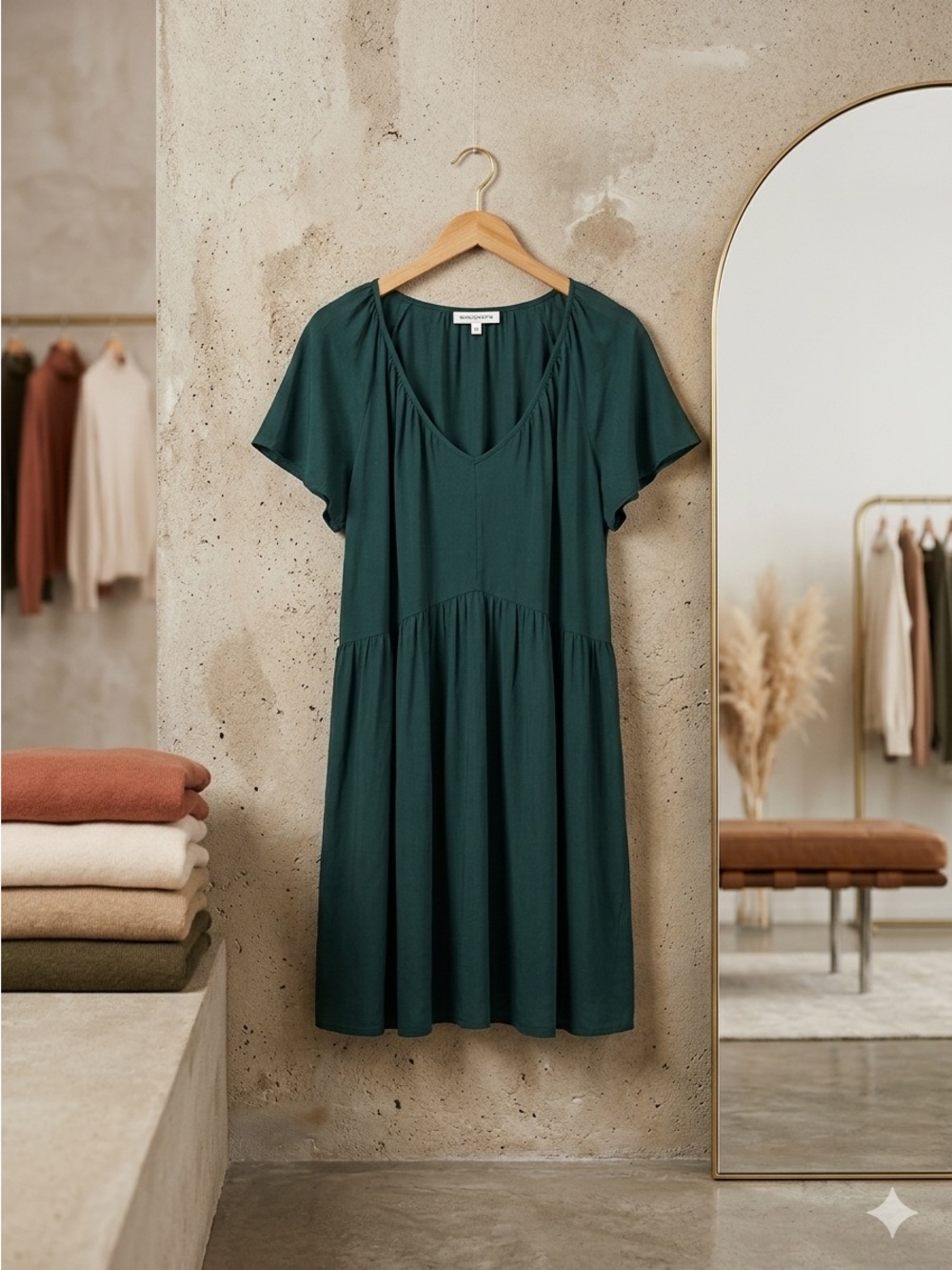 V-Neck Short Sleeve Gathered Waist Dress in Forest Green